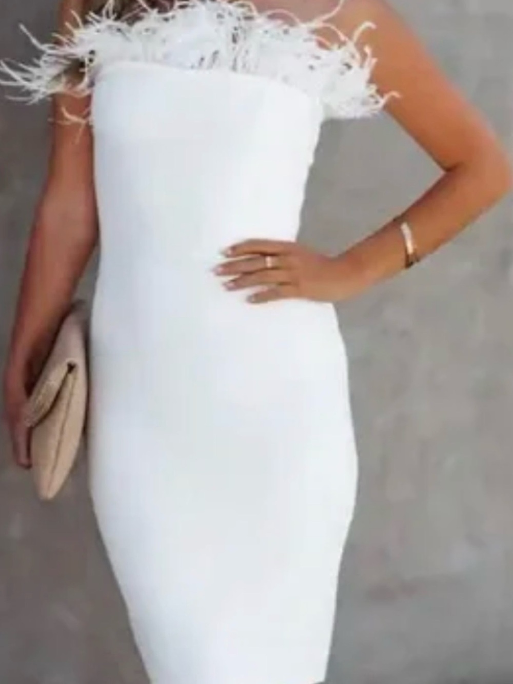Strapless White Feather-Trim Midi Dress
